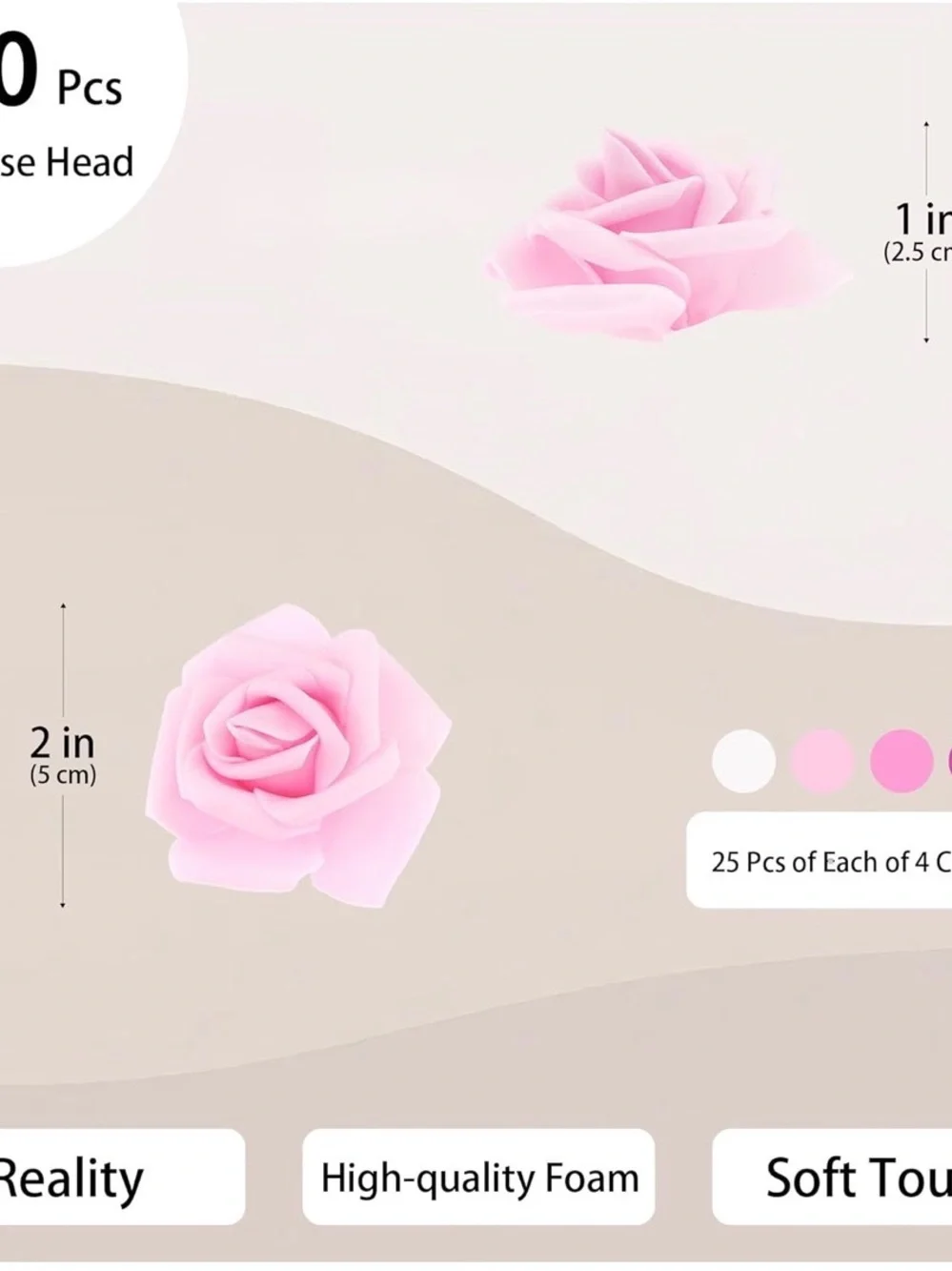 NWT 100 Pcs Artificial Foam Rose Flower Heads- 4 Shades Pink&White 2